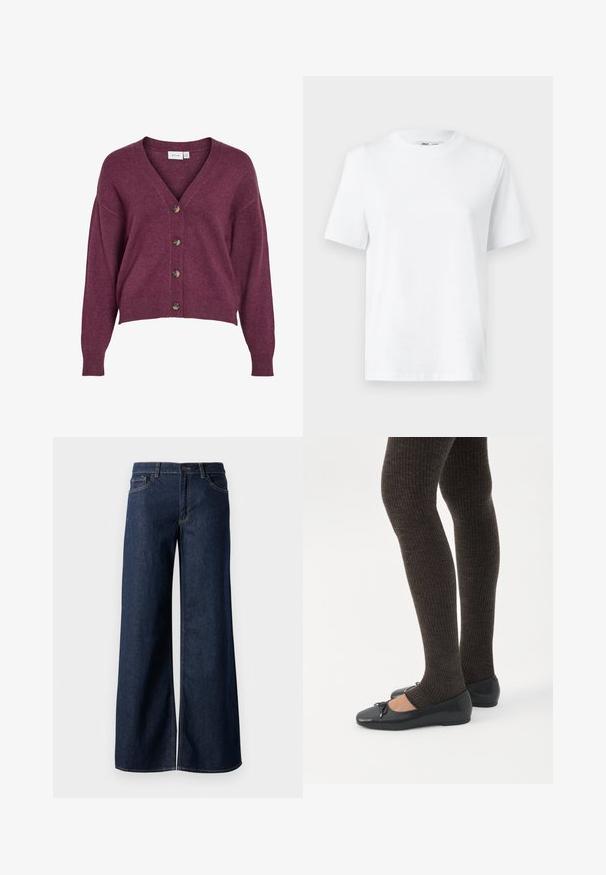 Bordeauxkleurige cropped cardigan met een V-hals, vijf bruine knopen en lange mouwen met ribgebreide manchetten en onderrand, gemaakt van zacht breiwerk.; Witte katoenen T-shirt met ronde hals, korte mouwen en een gladde textuur. Ontworpen met een comfortabele en veelzijdige relaxte pasvorm.; Stijlen met wijde pijpen in donkerblauw denim. Kenmerkt zich door contrasterende stiksels, vijf zakken en een knoopsluiting in de taille. Soepele textuur.; Benen met donkere geribbelde leggings gecombineerd met zwarte ballerina's met kleine strikdetails op een witte achtergrond.