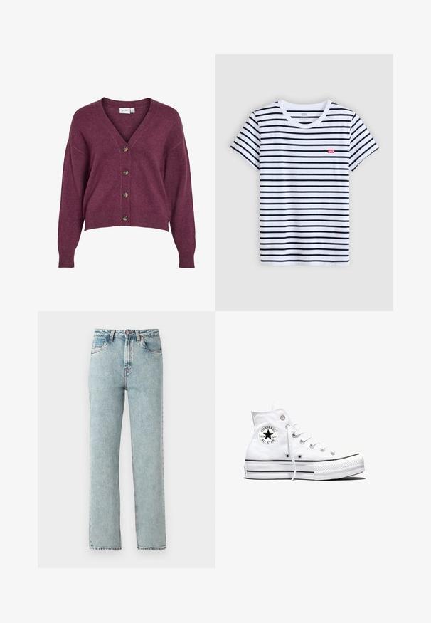 Bordeauxkleurige cropped cardigan met een V-hals, vijf bruine knopen en lange mouwen met ribgebreide manchetten en onderrand, gemaakt van zacht breiwerk.; Wit T-shirt met korte mouwen en marineblauwe horizontale strepen, ronde hals en een klein rood Levi's-logo op de linkerborst. Zacht katoenen materiaal.; Lichtblauwe denim jeans met een hoge taille, rechte pasvorm en wassingdetails. Voorzien van vijf zakken en een knoopsluiting bij de taille.; Witte hoge Converse Chuck Taylor All Star sneaker met zwart logopatch en witte veters, weergegeven op een witte achtergrond.
