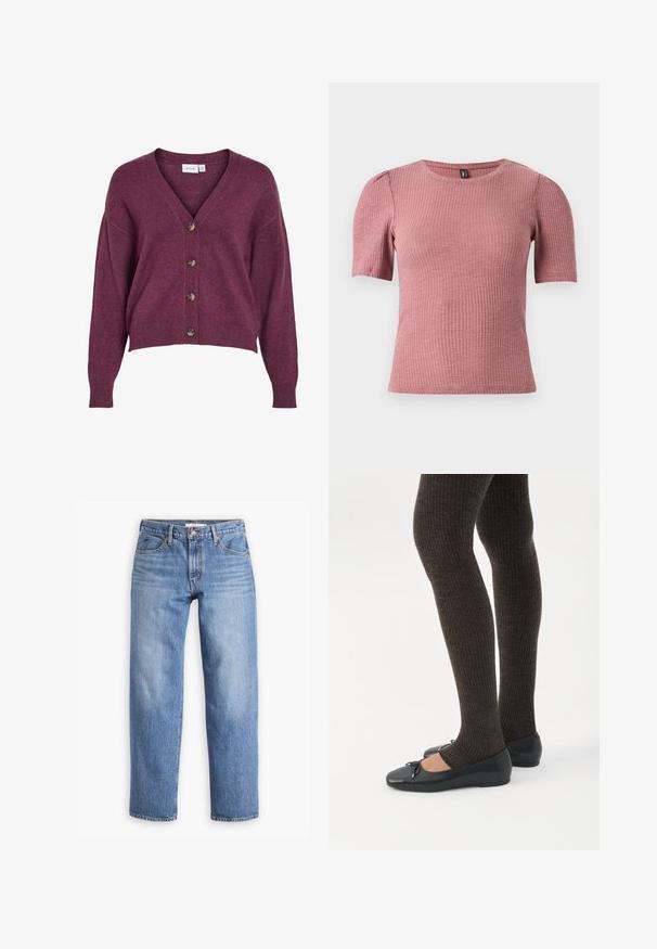 Burgunderfarvet cropped cardigans med V-udskæring, fem brune knapper og lange ærmer med ribbede manchetter og kant i blødt strikmateriale.; Kortærmet, tekstureret top i støvet rosa ribstrikket stof. Rund halsudskæring med diskrete pufærmer. Figursyet pasform, strækbart materiale.; Lyseblå denimjeans med lige pasform, fem lommer og lynlåsgylf. Stoffet har en klassisk tekstureret overflade med let falming.; Ben iført mørke ribbede leggings kombineret med sorte balletsko med små sløjfedetaljer på hvid baggrund.