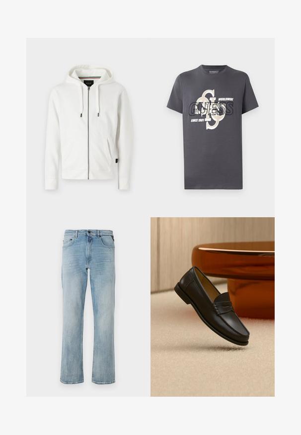 Haut à zip blanc fabriqué en tissu doux, avec une capuche à cordon de serrage, deux poches avant et un petit logo sur la poitrine.; T-shirt en coton gris à manches courtes avec un grand imprimé graphique en noir et beige, incluant les textes "GUESS", "WORLDWIDE" et "SINCE 1981."; Jean en denim bleu clair à coupe décontractée, mettant en avant des détails légèrement usés et un design classique à cinq poches.; Chaussure mocassin en cuir noir suspendue au-dessus d’un tapis beige avec du mobilier moderne couleur ambre en arrière-plan.
