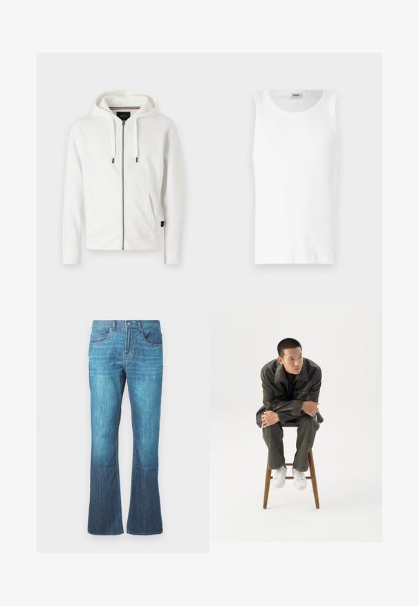Weißer Reißverschluss-Hoodie aus weichem Stoff, mit Kapuze und Kordelzug, zwei Fronttaschen und kleinem Logo auf der Brust.; Weißes Baumwoll-Tanktop ohne Ärmel mit Rundhalsausschnitt und glatter Textur. Einfaches Design, ohne Muster oder Akzente.; Mitternachtsblaue Waschung Jeans mit leichtem Ausschlag am Saum, klassisches Fünf-Taschen-Design und vorderem Knopf- und Reißverschluss.; Junger Mann in dunkler Lederjacke und Jeans sitzt auf einem Holzstuhl, lehnt sich mit verschränkten Armen nach vorne und schaut seitlich vor weißem Hintergrund.