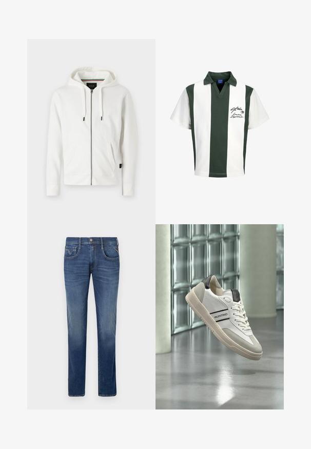 Sudadera blanca con cremallera, fabricada en un tejido suave, que cuenta con una capucha ajustable, dos bolsillos frontales y un pequeño logo en el pecho.; Camiseta de rugby de manga corta con amplias rayas verticales verdes y blancas y texto en cursiva negra en el pecho izquierdo.; Jeans rectos azules con detalles desgastados, cierre frontal de botón y cremallera, y diseño de cinco bolsillos.; Zapatilla Valentino blanca y gris con detalles y cordones negros flotando sobre un suelo gris reflectante cerca de bloques de vidrio y una columna.