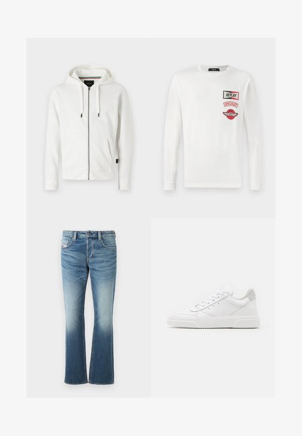 Weißer Reißverschluss-Hoodie aus weichem Stoff, mit Kapuze und Kordelzug, zwei Fronttaschen und kleinem Logo auf der Brust.; Weißes Langarmshirt mit drei roten und schwarzen Aufnähern auf der linken Brust: "REPLAY", "SPECIALIST" und ein geflügeltes V-Logo.; Blaue Jeans aus Denim mit einem ausladenden Design, einer ausgewaschenen Optik, fünf Taschen und kontrastierenden Nähten. Knopfverschluss am Bund.; Weiße Leder-Sneaker mit glatter Oberfläche, rundem Zehenbereich, flachen Schnürsenkeln und strukturiertem Schuhsohlen. Graues Wildleder-Detail an der Ferse.