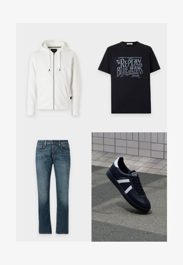 Sudadera blanca con cremallera, fabricada en un tejido suave, que cuenta con una capucha ajustable, dos bolsillos frontales y un pequeño logo en el pecho.; Camiseta de algodón negra de manga corta y cuello redondo, con un diseño gráfico de texto en estilo vintage en blanco y azul claro en la parte frontal.; Jeans de mezclilla azul con un corte recto, lavado desgastado, diseño de cinco bolsillos y costuras en contraste. Cierre de botón y cremallera.; Zapatilla de cuero negra con rayas blancas, suela de goma texturizada y parte frontal con cordones. Cuenta con una etiqueta de marca en la lengüeta.