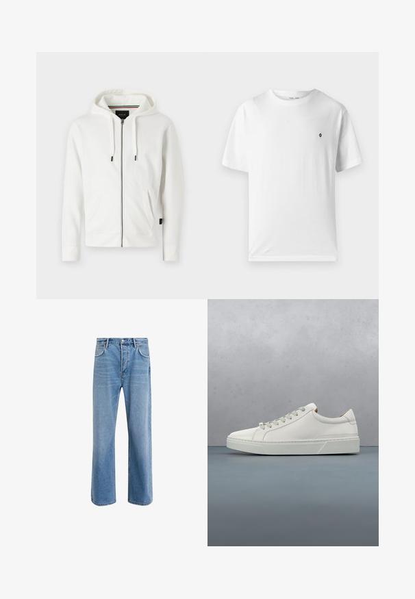 Weißer Reißverschluss-Hoodie aus weichem Stoff, mit Kapuze und Kordelzug, zwei Fronttaschen und kleinem Logo auf der Brust.; Weißes Baumwoll-T-Shirt mit rundem Halsausschnitt, kurzen Ärmeln und einem kleinen schwarzen Logo auf der Brust. Weicher Stoff, lässige Passform.; Helle blaue Jeans im Geradeschnitt-Design, mit fünf Taschen, Knopfverschluss, minimaler Ausbleichung und kontrastierenden Nähdetails.; Weißes Leder-Sneaker mit abgerundetem Zehenbereich, minimalistisches Design, graue Schnürsenkel und einer strukturierten grauen Gummisohle. Dezente Nähte sichtbar.