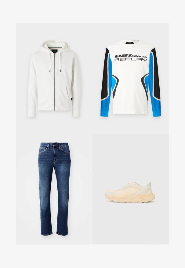 Sudadera blanca con cremallera, fabricada en un tejido suave, que cuenta con una capucha ajustable, dos bolsillos frontales y un pequeño logo en el pecho.; Camisa deportiva de manga larga con el frente blanco, paneles de mangas en negro y azul, y el logotipo "981 sports REPLAY" impreso en el pecho.; Jeans de mezclilla azul oscuro con un diseño de pierna recta, cinco bolsillos y herrajes en tono cobre. Presentan una ligera decoloración en los muslos.; Zapatilla beige con un upper texturizado, paneles de malla y cordones de color claro. Tiene una suela de goma gruesa con un diseño en forma de ola.