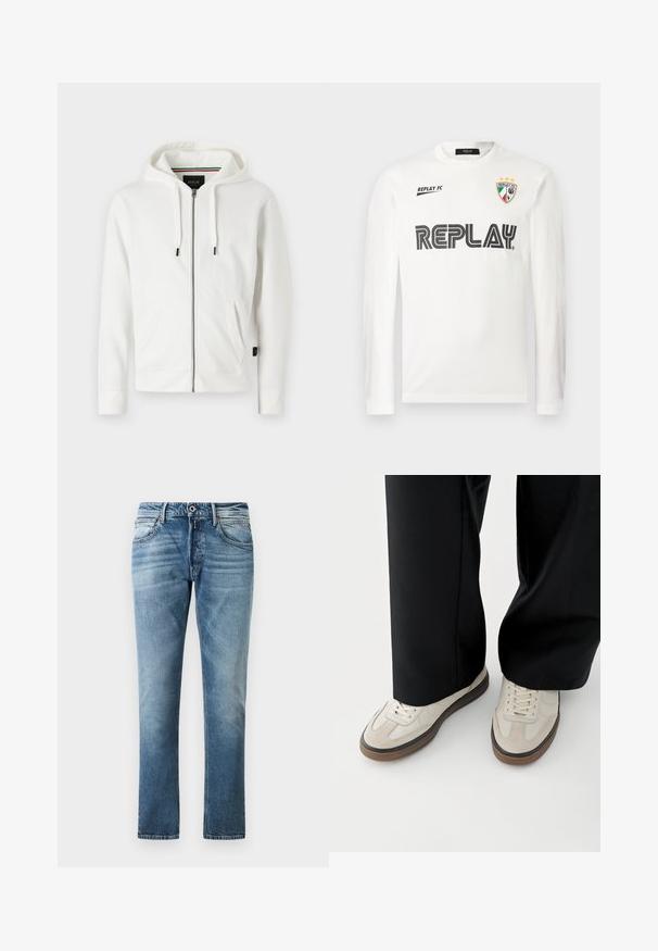 Sudadera blanca con cremallera, fabricada en un tejido suave, que cuenta con una capucha ajustable, dos bolsillos frontales y un pequeño logo en el pecho.; Camisa blanca de manga larga con el texto negro "REPLAY" en el pecho, pequeño texto "REPLAY FC" en la parte superior izquierda y un emblema de escudo tricolor con tres estrellas en la parte superior derecha.; Jeans rectos azules con detalles deslavados, botón frontal y bolsillos, exhibidos sobre un fondo blanco liso.; Pies con zapatillas beige con suelas marrones y pantalones negros de pierna ancha sobre un fondo blanco.