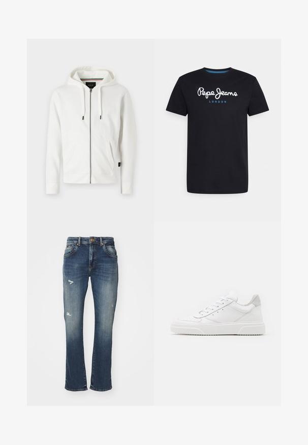 Weißer Reißverschluss-Hoodie aus weichem Stoff, mit Kapuze und Kordelzug, zwei Fronttaschen und kleinem Logo auf der Brust.; Schwarzes Baumwoll-T-Shirt mit einem weißen Schriftlogo "Pepe Jeans" und blauen Akzenten, Rundhals und kurzen Ärmeln. Einfaches, schlichtes Design.; Bootcut-Jeans aus dunkelblauem Denim mit einem verblassten Finish, mit Abnutzungen an der Vorderseite, Fünf-Taschen-Design und einem Bund mit Knopfverschluss.; Weiße Leder-Sneaker mit glatter Oberfläche, rundem Zehenbereich, flachen Schnürsenkeln und strukturiertem Schuhsohlen. Graues Wildleder-Detail an der Ferse.