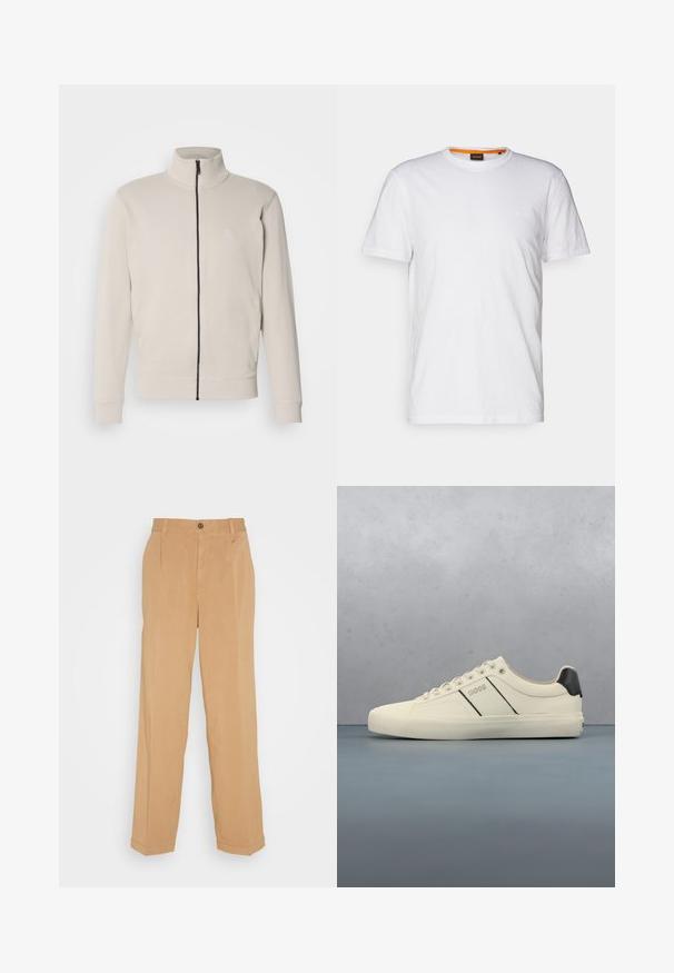 Hellebeige Zip-Jacke mit hohem Kragen, gerippten Bündchen und kleinem Logo auf der Brust. Weicher Stoff und elegantes Design.; Weißes Baumwoll-T-Shirt mit Rundhalsausschnitt, kurzen Ärmeln und einem dezenten geprägten Logo auf der Brust. Das Innenschild hat einen orangefarbenen Akzent.; Beige weite Hose aus weichem Stoff, mit zwei frontalen Taschen, einem Knopfverschluss und Bügelfalten entlang der Beine.; Cremfarbene Sneaker mit glatter Oberfläche, die schwarze Akzente und Markenlogo aufweisen. Klassisches Schnürdesign mit runder Zehenform und Gummisohle.