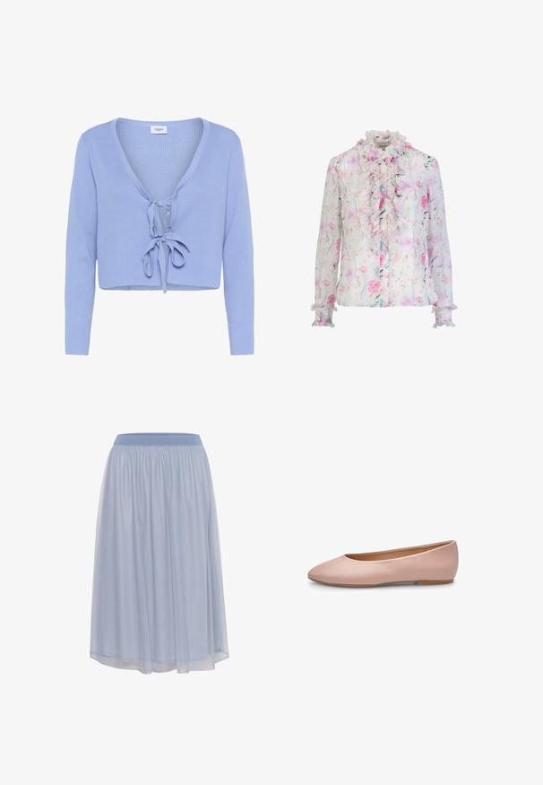 Cárdigan corto azul claro con mangas largas, textura acanalada, escote en V profundo y cierre frontal con lazo. Etiqueta de la marca "Saint" visible en el escote.; Blusa blanca de manga larga con estampado floral en tonos rosa y púrpura, con cuello fruncido, botones en la parte delantera y puños fruncidos.; Falda de color azul claro, hasta la rodilla, hecha de un tejido transparente con una cinturilla elástica y un diseño fluido, que presenta suaves capas transparentes.; Bailarina de cuero rosa con punta fina, textura suave, detalles mínimos y suela sólida de color marrón claro. Diseño sencillo, sin adornos.