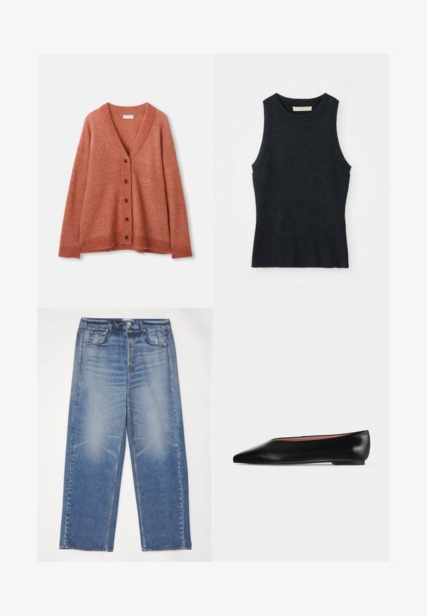 Roestkleurige wollen cardigan met V-hals, vijf donkere knopen aan de voorkant, geribde manchetten, onderrand en halslijn.; Mouwloze donkergrijze gebreide tanktop met ronde hals, plat gelegd op een witte achtergrond.; Blauwe denim jeans met een relaxte pasvorm, vervaagde voorkant, vijf zakken en een knoopsluiting. Voorzien van een zilveren knoop en contraststiksel.; Zwarte leren damesschoen met platte zool, puntige neus en lage hak, zijwaarts afgebeeld tegen een effen lichtgrijze achtergrond.