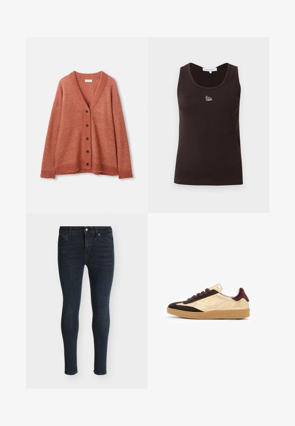 Roestkleurige wollen cardigan met V-hals, vijf donkere knopen aan de voorkant, geribde manchetten, onderrand en halslijn.; Donkerbruine geribbelde mouwloze tanktop met een klein wit voslogo centraal onder de halslijn, maatlabel zichtbaar aan de binnenkant van de kraag.; Donkerblauwe skinny jeans met knoop en rits aan de voorkant, vijfzakkenontwerp en subtiele vervaagde details op dijen en knieën.; Gouden en zwarte suède lage sneakers met bruine veters, textuur rubberen zool en logo detail aan de buitenzijde.