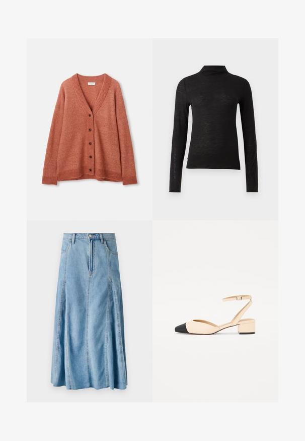 Rostrød uld cardigan med V-hals, fem mørke knapper foran, ribbede manchetter, kant og halsudskæring.; Sort langærmet turtleneck top lavet af et struktureret materiale, med en tætsiddende pasform og minimalistisk design uden synlige mønstre eller metaldele.; Lyseblå denimnederdel med en udvidet design, der har en knaplukning, bæltesløjfer og lodrette sømdetaljer. Længde til midt på læggen.; Beige læder slingback sko med en sort tåhætte, spidst design, lav blokhæl og en tynd ankelrem med spænde.