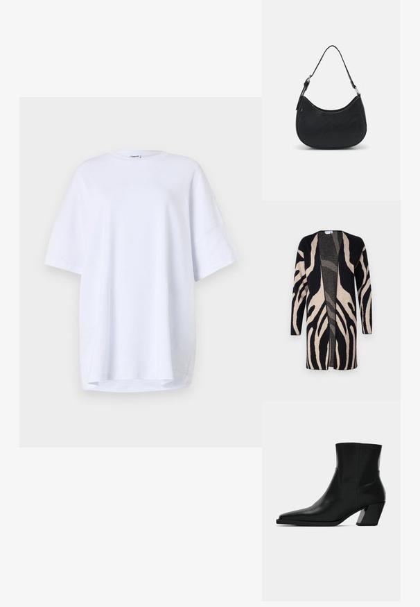 Long cardigan en tissu doux, présentant un motif zèbre noir et beige. Design à l'avant ouvert, avec des manches longues et une coupe décontractée.; T-shirt blanche à manches courtes et oversized en coton. Encolure ronde, fentes sur les côtés à l'ourlet et texture lisse sans motifs ni accents visibles.; Bottine en cuir noir avec un bout pointu, une silhouette élégante et un talon carré massif. Texture lisse avec des détails de couture minimalistes.; Sac hobo noir en cuir lisse avec une silhouette arrondie, doté d'une seule sangle ajustable et de détails de design minimalistes.