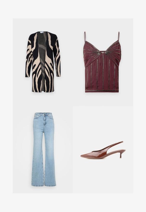Lang jack van zacht materiaal, met een zwart en beige zebrapatroon. Ontwerp met open voorkant, lange mouwen en een relaxte pasvorm.; Bordeaux camisole met dunne bandjes, bewerkte embellishments en verticale lijnen. Zachte stof met een aangesloten ontwerp en textuurdetails.; Lichtblauwe uitlopende jeans van denim, met een hoge taille, vijf-pocket ontwerp en een ongezoomde onderkant. De textuur is licht versleten.; Glanzende bruine slingback kitten heel met puntige neus en lage, slanke hak op witte achtergrond.