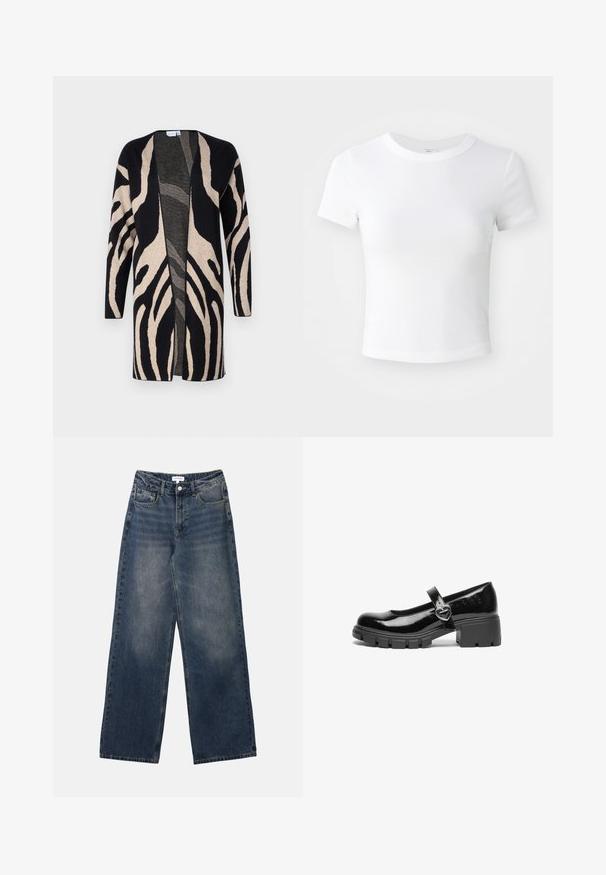 Langer Cardigan aus weichem Stoff mit einem schwarz-beigen Zebra-Muster. Offene Vorderseite, lange Ärmel und eine lockere Passform.; Weißes, kurzärmeliges, cropped T-Shirt mit Rundhalsausschnitt, auf einem neutralen, hellen Hintergrund präsentiert.; Herrenhohe-taillierte blaue Jeans aus Denim mit weitem Bein, vorderem Knopf und Reißverschluss sowie Vorder- und Gesäßtaschen.; Schwarzer lackleder Mary Jane Schuh mit einem klobigen Absatz, runder Spitzenform und einem Riemen mit einer herzförmigen Schnalle.