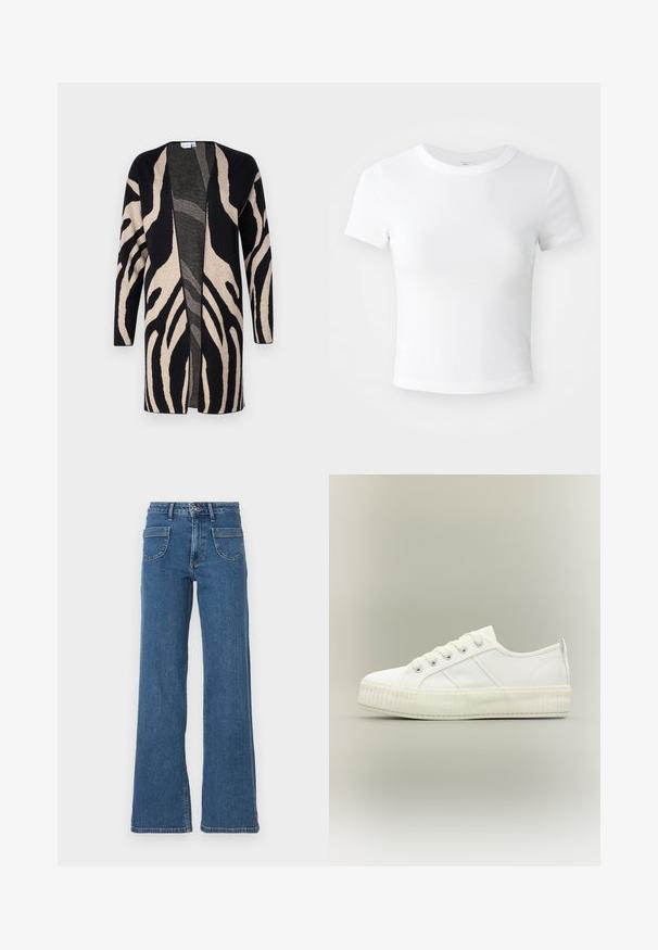 Lang jack van zacht materiaal, met een zwart en beige zebrapatroon. Ontwerp met open voorkant, lange mouwen en een relaxte pasvorm.; Effen witte cropped t-shirt met korte mouwen en ronde hals, weergegeven op een neutrale lichte achtergrond.; Blauwe denim wijde jeans met een hoge taille, vijf zakken, sluiting met een knop aan de voorkant en een licht vervaagde afwerking. Gestikte zomen en naden zijn zichtbaar.; Witte lage sneaker met dikke geribde zool, veters aan de voorkant en trek-lus aan de hiel tegen een neutrale achtergrond.