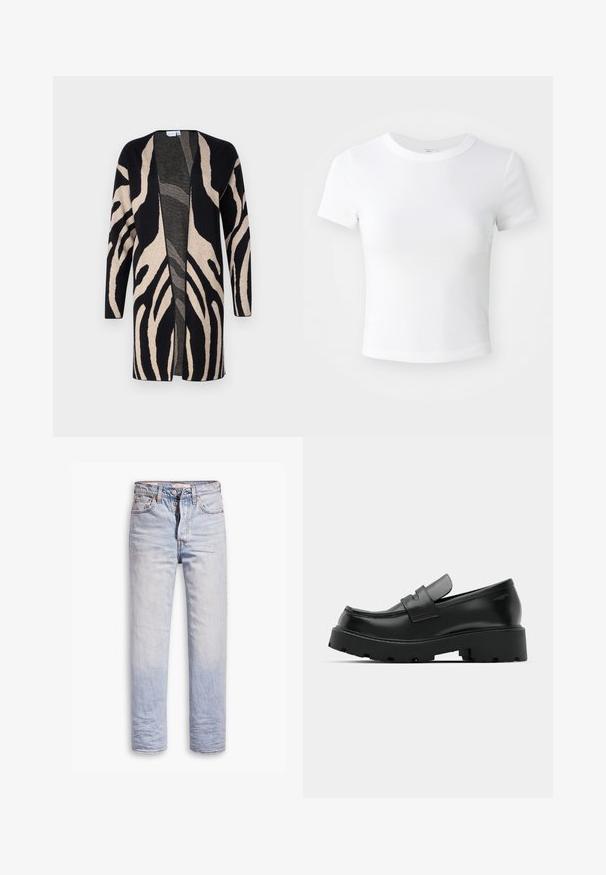 Lang jack van zacht materiaal, met een zwart en beige zebrapatroon. Ontwerp met open voorkant, lange mouwen en een relaxte pasvorm.; Effen witte cropped t-shirt met korte mouwen en ronde hals, weergegeven op een neutrale lichte achtergrond.; Lichtblauwe denim jeans met een straight leg ontwerp, voorzien van een knoopgulp, vijf zakken en subtiele vervaging langs de benen.; Zwarte leren instappers met een chunky, gestructureerde zool, voorzien van een band over de voet en een gladde, gepolijste afwerking.