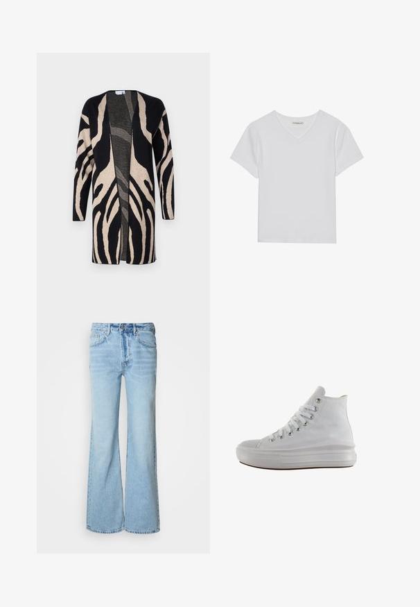 Lang jack van zacht materiaal, met een zwart en beige zebrapatroon. Ontwerp met open voorkant, lange mouwen en een relaxte pasvorm.; Witte T-shirt met korte mouwen en V-hals, gemaakt van ribbelstof. Heeft een strakke ontwerp met een rechte zoom en minimale details.; Lichtblauwe spijkerbroek met uitlopende pijpen, gemaakt van denim, voorzien van een knoopsluiting aan de voorkant, vijf zakken en subtiele vervaging.; Witte hoge canvas sneaker met witte veters, metalen oogjes, dikke rubberen zool en gestructureerde neuskap, naar links gericht op een witte achtergrond.