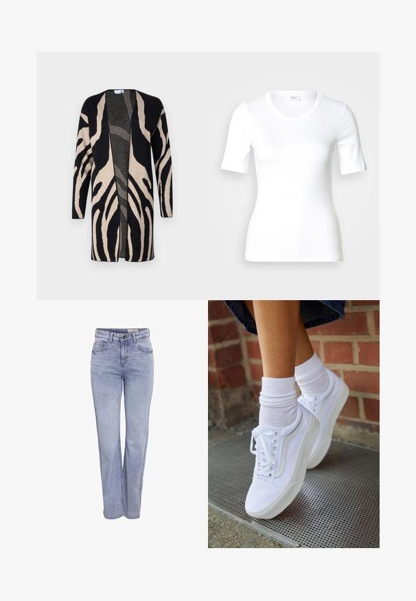 Long cardigan en tissu doux, présentant un motif zèbre noir et beige. Design à l'avant ouvert, avec des manches longues et une coupe décontractée.; T-shirt blanc à manches courtes en coton lisse, doté d'un col rond et d'une coupe ajustée. Design classique, sans motifs ni accents.; Jean droit bleu clair en denim, doté d'une fermeture à bouton, de cinq poches et d'une décoloration subtile sur le devant et à l'arrière.; Baskets en toile blanches avec semelles en caoutchouc, dotées de six œillets, d'un bout rond et de détails de couture légers, portées avec des chaussettes blanches mi-mollet.