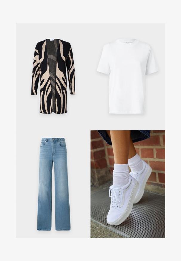 Lang jack van zacht materiaal, met een zwart en beige zebrapatroon. Ontwerp met open voorkant, lange mouwen en een relaxte pasvorm.; Witte katoenen T-shirt met ronde hals, korte mouwen en een gladde textuur. Ontworpen met een comfortabele en veelzijdige relaxte pasvorm.; Lichtblauwe high-waisted jeans met een rechte pasvorm. Gemaakt van denim, met vijf zakken en een knoopsluiting.; Witte canvas sneakers met rubberen zolen, voorzien van zes vetertjes, een ronde neus en lichte stikdetails, gecombineerd met witte enkelsokken.