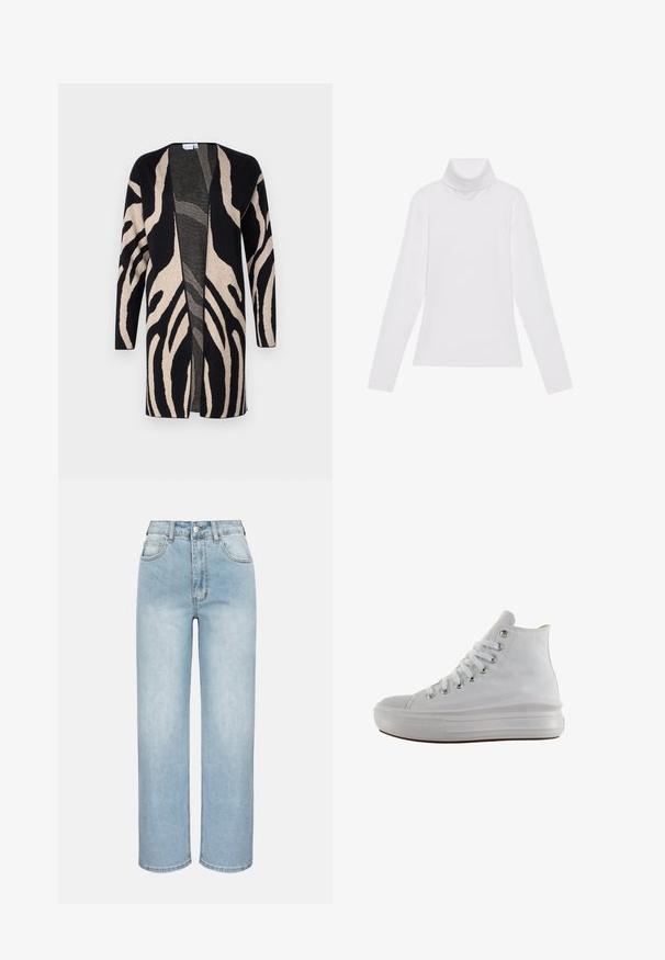 Pikk kardigan, mis on valmistatud pehmest kangast, mustrilise musta ja beeži zebra disainiga. Avatud eesmine osa, pikkade varrukatega ja lõdva istuvusega.; Valge pikkade varrukate turtleneck-särk, mis on valmistatud siledast ja venivast kangast. Omab kõrget kraed ja keha lähedast lõiget, ilma nähtavate mustrite või kaunistusteta.; Hele sinine kõrge vöökohaga sirgete säärtega teksapüksid esikinnisnupu, tõmbluku, vööaasa ja viiepocket-disainiga ühtlasel taustal.; Valged kõrged teksakingad valgete paelte, metallist aukudega, paksu kummist tallaga ja tekstureeritud varbaküljega, suunatud vasakule valgel taustal.