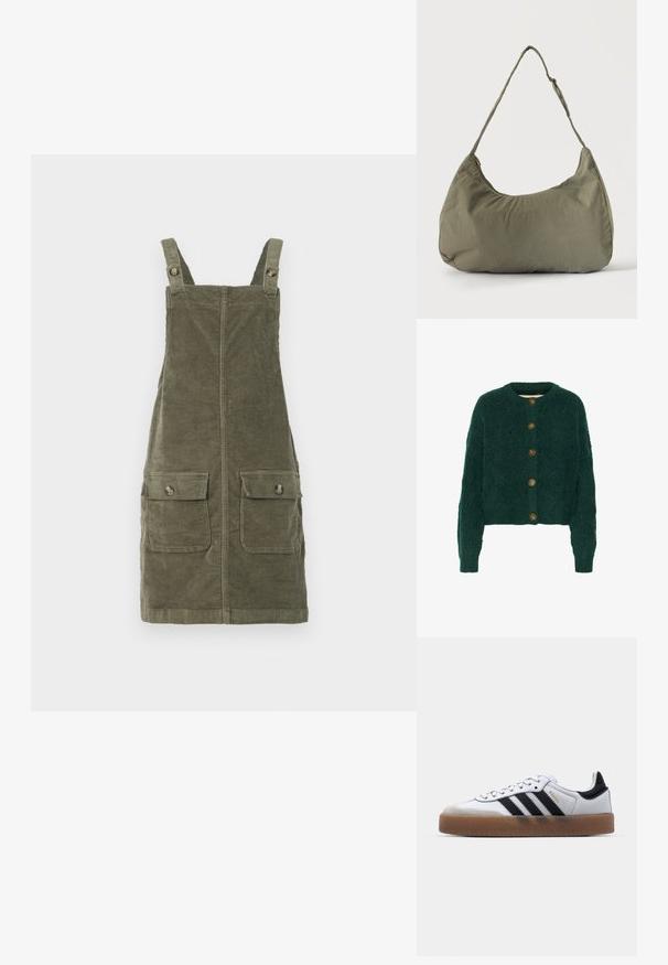 Grüne gestrickte Strickjacke mit strukturiertem Muster, Rundhalsausschnitt und fünf braunen Knöpfen auf der Vorderseite. Kurze Länge, gerippte Bündchen.; Olivgrünes Corduroy-Latzkleid mit verstellbaren Trägern, zwei vorderen Taschen und geradem Schnitt. Strukturierten Stoff.; Weiße Leder Sneakers mit schwarzen Streifen, Gummigummi-Außensohle, runder Zehenform, Schnürverschluss und weichem grauem Wildleder-Zehenkappe.; Olivgrüne weiche Stoff-Schultertasche mit Reißverschluss und verstellbarem Tragegurt vor einfarbig hellem Hintergrund.