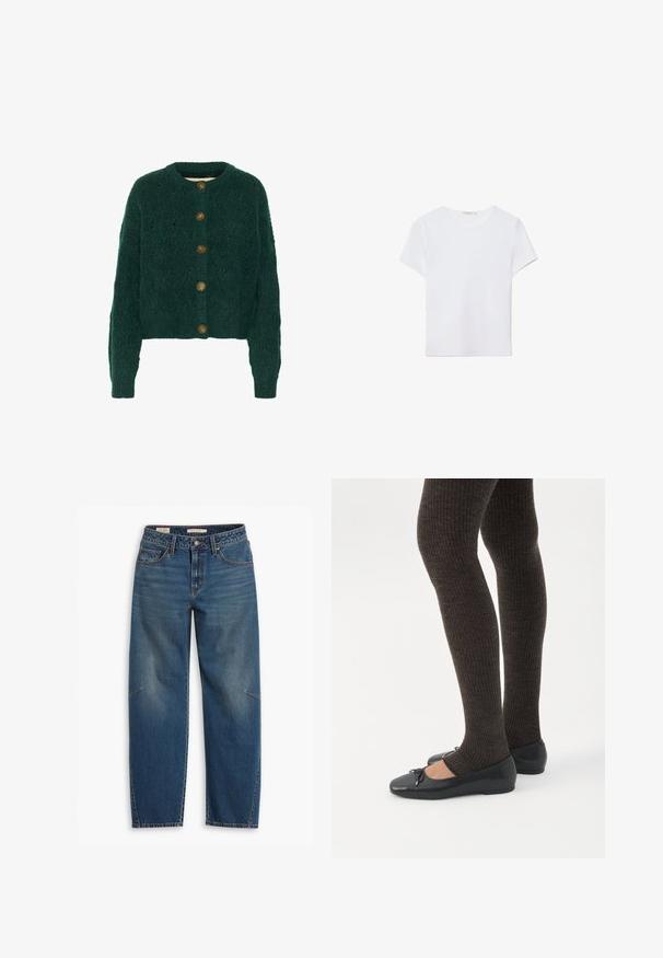 Grøn strikket cardigan med et struktureret mønster, rund halsudskæring og fem brune knapper foran. Korte ærmer, ribbede manchetter.; Hvid kortærmet t-shirt lavet af blødt stof. Har en rund halsudskæring og et simpelt, rent design med en lige underkant.; Blå denim jeans med en afslappet pasform, der har høj talje, lige ben, synligt syning og en lille detalje på venstre knæ.; Ben iført mørke ribbede leggings kombineret med sorte balletsko med små sløjfedetaljer på hvid baggrund.