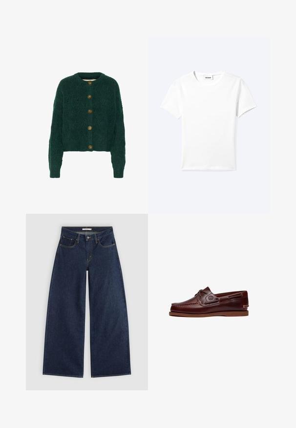 Groene gebreide cardigan met een textuurpatroon, ronde halslijn en vijf bruine knopen aan de voorkant. Verkorte lengte, geribbelde manchetten.; Effen wit T-shirt met korte mouwen en ronde hals met een klein "WEEKDAY" label aan de binnenkant van de hals, plat neergelegd op een lichte achtergrond.; Donkerblauwe wijde spijkerbroek met voorzakken, riemlussen en knoopsluiting, plat gelegd op een lichte achtergrond.; Bruine leren boot schoen met veters, stiksel details en Timberland-logo aan de zijkant, weergegeven op een witte achtergrond.