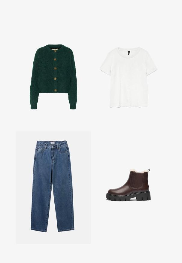 Grüne gestrickte Strickjacke mit strukturiertem Muster, Rundhalsausschnitt und fünf braunen Knöpfen auf der Vorderseite. Kurze Länge, gerippte Bündchen.; Weißes T-Shirt mit kurzen Ärmeln und rundem Ausschnitt, hergestellt aus leichtem Stoff. Schlichtes Design, glatte Textur und gerader Saum.; Klassische blaue Denim-Jeans mit geradem Bein, fünf Taschen und Knopfverschluss. Sie verfügen über eine mittelblau gewaschene Optik und sind aus robuster Textur.; Braun lederne Knöchelstiefel mit weichem Futter, elastischen Seitenpaneelen und einer klobigen schwarzen Plattformsohle mit tiefen Rillen.