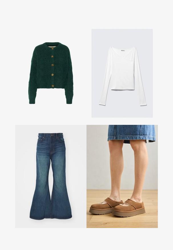 Grüne gestrickte Strickjacke mit strukturiertem Muster, Rundhalsausschnitt und fünf braunen Knöpfen auf der Vorderseite. Kurze Länge, gerippte Bündchen.; Weißes Langarmoberteil mit einem Überlappungsdesign und einer Tasche. Hergestellt aus einem glatten, elastischen Material. In einem lässigen, entspannten Schnitt.; Ausgestellte Jeans aus Denim in Mittelblau, mit hoher Taille, fünf Taschen und kontrastierenden Nähten. Glatte Struktur mit leichtem Verblassen.; Braune Wildleder-Plateauschuhe mit abgerundetem Zehenbereich, Cut-out-Details und einer stabilen Sohle, kombiniert mit einem Jeansrock auf einem Holzboden.