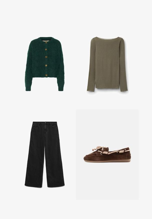 Grøn strikket cardigan med et struktureret mønster, rund halsudskæring og fem brune knapper foran. Korte ærmer, ribbede manchetter.; Langærmet olivengrøn top med bådudskæring, lavet af blødt, letvægtsmateriale, vist fladt mod en hvid baggrund.; Sorte wide-leg jeans med frontknap og lynlåslukning, forlommer og synlige syninger på hvid baggrund.; Brun ruskindsmokasin med beige snørebånd tvundet gennem metaløjer, flad sål og syet tådetalje på en ensfarvet baggrund.