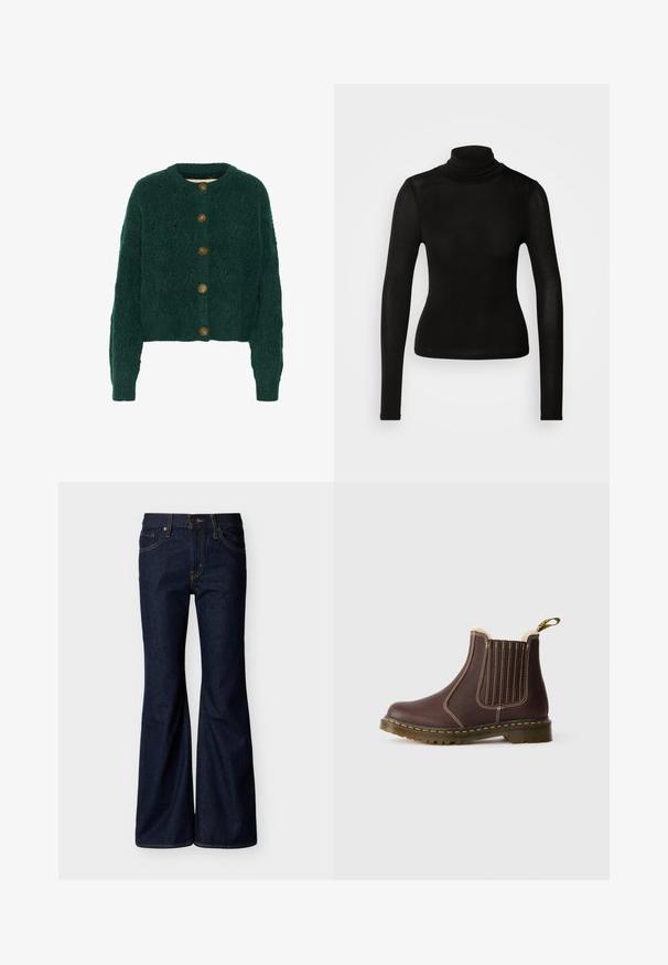 Grøn strikket cardigan med et struktureret mønster, rund halsudskæring og fem brune knapper foran. Korte ærmer, ribbede manchetter.; Sort turtleneck top lavet af et letvægts, strækbart materiale. Har lange ærmer og en tætsiddende silhuet uden synlige sømme.; Mørkeblå denimjeans med vide ben, frontknap og lynlås, samt fem-lomme-design med kontrastsyning.; Brune læder Chelsea støvle med gule sømme, elastiske sidestykker, pelsfor og gennemsigtig gummisål på hvid baggrund.