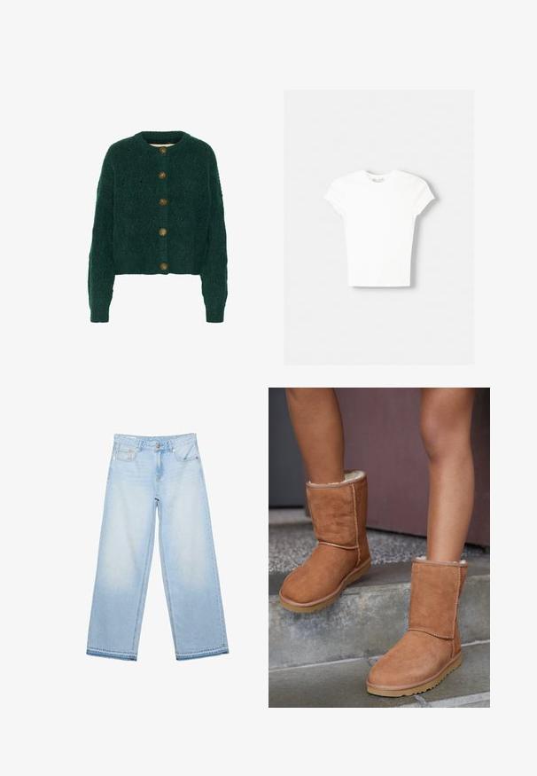 Groene gebreide cardigan met een textuurpatroon, ronde halslijn en vijf bruine knopen aan de voorkant. Verkorte lengte, geribbelde manchetten.; Witte t-shirt met korte mouwen van zachte katoen, met een ronde halslijn en een getailleerde vorm. Geen zichtbare patronen of versieringen.; Lichtblauwe jeans met wijde pijpen, vijf zakken en knoopsluiting, plat liggend op een witte achtergrond.; Bruine suède enkellaarsjes met een ronde neus, zachte voering en een rubberen zool, met zichtbaar stiksel langs de naden.