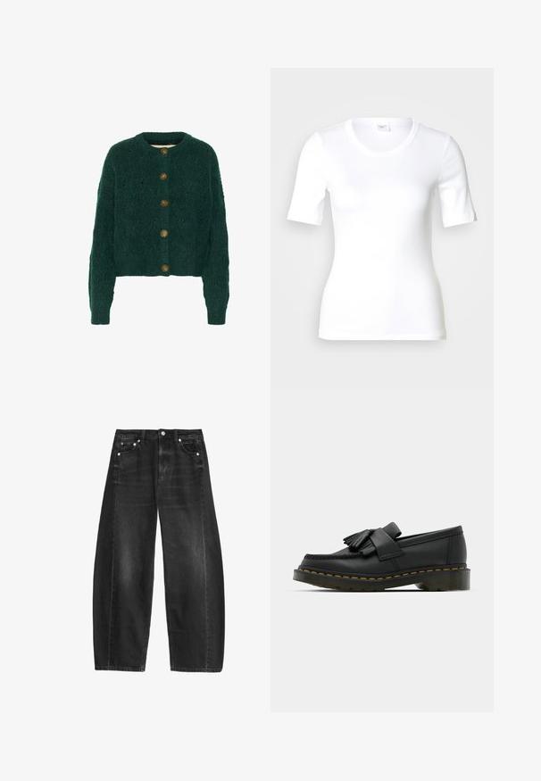 Chaleco de punto verde con un patrón texturizado, cuello redondo y cinco botones marrones en el frente. Largo corto, puños acanalados.; Camiseta blanca de manga corta hecha de algodón liso, con escote redondo y forma ajustada. Diseño clásico, sin estampados ni adornos.; Vaqueros negros de pierna ancha con cinco bolsillos, botón frontal visible y trabillas para el cinturón, exhibidos sobre un fondo blanco.; Mocasines de cuero negro con punta redonda, que presentan un detalle de flecos y una banda decorativa en la parte frontal, montados sobre un tacón grueso.