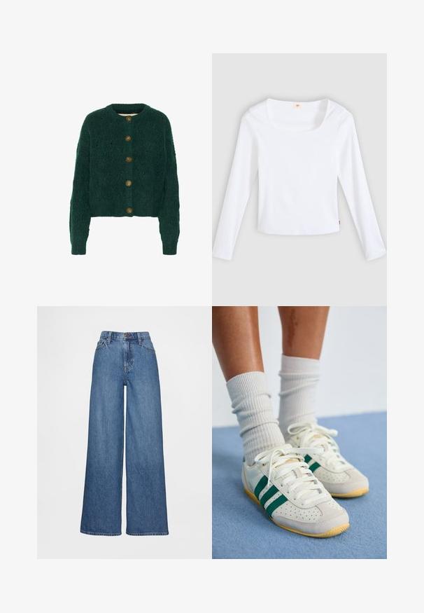 Grüne gestrickte Strickjacke mit strukturiertem Muster, Rundhalsausschnitt und fünf braunen Knöpfen auf der Vorderseite. Kurze Länge, gerippte Bündchen.; Weißes Langarm-T-Shirt aus Rippstoff mit quadratischem Ausschnitt und figurbetontem Schnitt, mit einem kleinen Logobändchen an der Seite.; Weit geschnittene Jeans aus mittlerem blauen Denim, mit hoher Taille, Gürtelschlaufen und Knopfverschluss. Glatte Textur mit minimalen Nahtdetails.; Füße mit weißen Sneakern mit grünen Streifen und weißen, gerippten Socken stehen auf einem hellblauen Teppich.