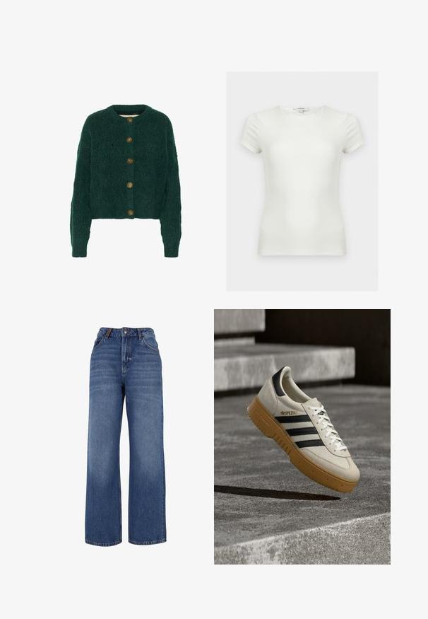 Groene gebreide cardigan met een textuurpatroon, ronde halslijn en vijf bruine knopen aan de voorkant. Verkorte lengte, geribbelde manchetten.; Effen witte aansluitende T-shirt met korte mouwen en ronde hals, getoond op een neutrale achtergrond.; Wijdgesneden denim jeans van middelzware blauwe katoenstof. Bevat een klassieke vijf-pocket ontwerp en een ritssluiting met knoopsluiting.; Beige suède sneaker met zwarte strepen, witte veters en een zool van gumrubber. Heeft "SPEZIAL" branding aan de zijkant.