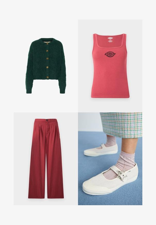 Groene gebreide cardigan met een textuurpatroon, ronde halslijn en vijf bruine knopen aan de voorkant. Verkorte lengte, geribbelde manchetten.; Rood geribd tanktop met vierkante halslijn en zwart Dickies-logo in het midden van de borst, maat S.; Rode wijde broek met voorplooien, knoopsluiting en zijzakken, afgebeeld tegen een effen lichte achtergrond.; Witte canvas schoenen met een suède bovenkant, een band over de wreef en een stervormige zilveren accent. Gecombineerd met lichtroze geribde sokken.