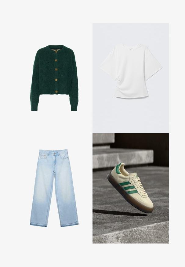 Grüne gestrickte Strickjacke mit strukturiertem Muster, Rundhalsausschnitt und fünf braunen Knöpfen auf der Vorderseite. Kurze Länge, gerippte Bündchen.; Weißes übergroßes T-Shirt mit kurzen Ärmeln und Rundhalsausschnitt, vorne leicht zerknittert, vor einem schlichten hellgrauen Hintergrund präsentiert.; Hellblaue Jeans mit weitem Bein, vorderem Knopf, Reißverschluss und Fünf-Taschen-Stil, flach auf weißem Hintergrund ausgelegt.; Sneaker in Cremefarbe mit grünen Akzenten, drei grünen Streifen, strukturiertem Gummisohle und klassischem Schnürdesign. "Samba"-Logo an der Seite.
