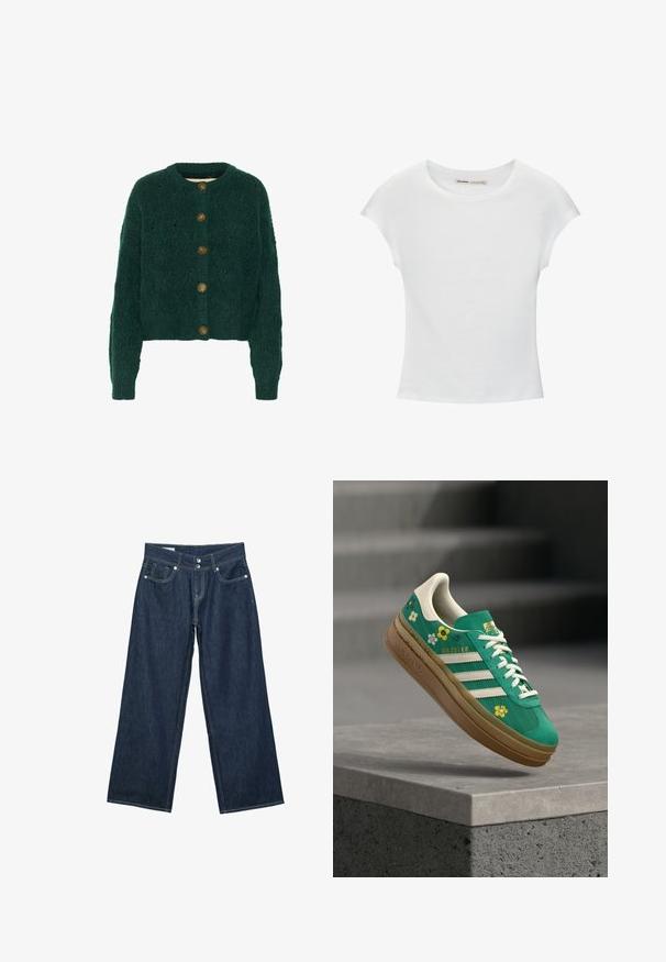 Grüne gestrickte Strickjacke mit strukturiertem Muster, Rundhalsausschnitt und fünf braunen Knöpfen auf der Vorderseite. Kurze Länge, gerippte Bündchen.; Weißes Baumwoll-T-Shirt mit kurzen, aufgerollten Ärmeln, rundem Ausschnitt und geradem Saum. Glatte Textur ohne sichtbare Muster oder Akzente.; Dunkelblaue, weit geschnittene Denim-Jeans mit doppelter Knopfverschluss, vorderen Taschen und kontrastierender Naht auf weißem Hintergrund.; Grüner Wildledersneaker mit weißen Akzenten, versehen mit floralen Designs in Gelb und Weiß, und einer hellbraunen Gummisohle. Das Label trägt die Aufschrift "Gazelle".