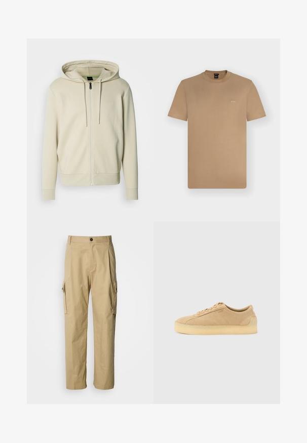 Sweat à capuche beige clair avec fermeture éclair, capuche à cordon, poignets et ourlet côtelés, présentant un logo minimaliste sur la poitrine. Texture de tissu lisse.; T-shirt marron clair à manches courtes et col rond avec petit logo blanc "BOSS" sur la poitrine gauche, présenté sur un fond uni clair.; Pantalon cargo beige en tissu résistant, avec une coupe décontractée, des poches latérales et une fermeture par bouton à la taille.; Baskets basses en daim beige avec semelle épaisse en gomme, fermeture à lacets à l'avant, et logo discret sur le côté, sur un fond uni gris clair.