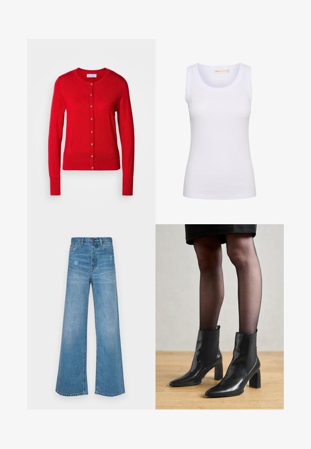 Cárdigan de punto rojo con cuello redondo, cierre frontal de botones y puños acanalados. Presenta una textura suave y acentos de botones metálicos.; Camiseta sin mangas blanca acanalada con escote en U, pequeña etiqueta de marca dentro del cuello y corte ajustado.; LOIS Jeans SKATER LOOSE - Vaqueros boyfriend - stone; Botines de cuero negro hasta el tobillo con punta afilada, tacón cuadrado grueso y diseño elegante. Presentan paneles laterales elásticos para facilitar el uso.