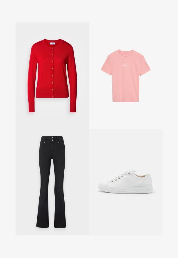 Cárdigan de punto rojo con cuello redondo, cierre frontal de botones y puños acanalados. Presenta una textura suave y acentos de botones metálicos.; Camiseta rosa de manga corta con cuello redondo y logo blanco de Calvin Klein "CK" centrado en el pecho.; Jeans negros de talle alto con pierna acampanada, bolsillos delanteros, trabillas para cinturón y dos botones plateados en la cintura.; Zapatilla de cuero blanca con puntera redondeada, ojales de metal y cordones planos. Presenta una suela texturizada y un sutil detalle de costura a lo largo del borde.