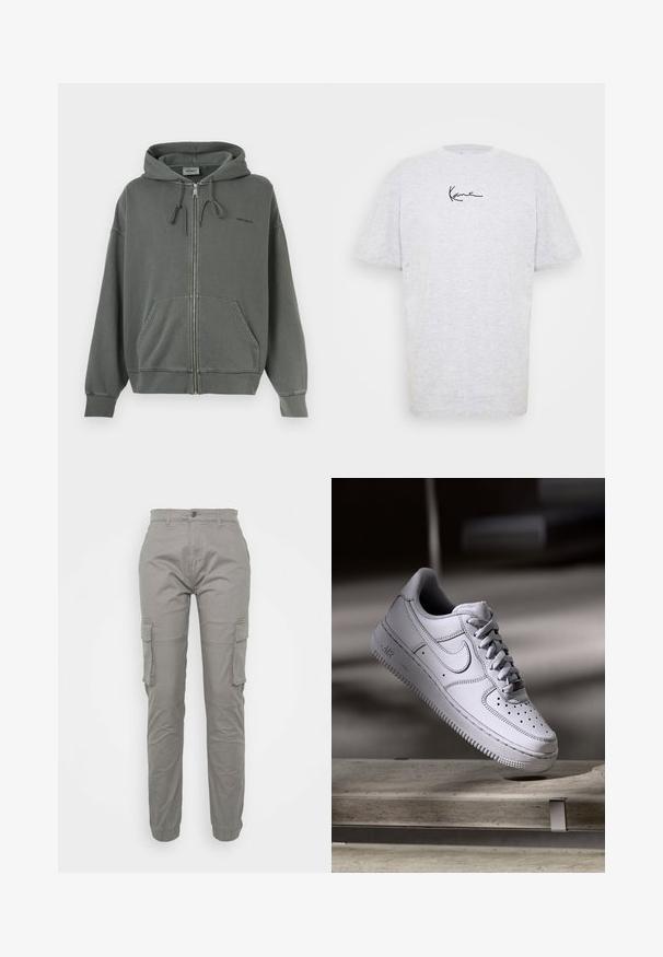 Hoodie zippé gris en mélange de coton doux, avec une capuche à cordon, poches avant et poignets côtelés. Logo de la marque sur la poitrine.; T-shirt gris à manches courtes en coton. Doté d'un col ras du cou et d'un logo style manuscrit noir sur le devant. Texture douce.; Pantalons cargo en coton gris clair avec une coupe fuselée. Comprend plusieurs poches latérales et des poignets élastiques. Texture lisse.; La basket Nike Air Force 1 en cuir blanc présente un embout perforé, des lacets plats et une semelle en caoutchouc texturée avec le logo « AIR » sur le côté.