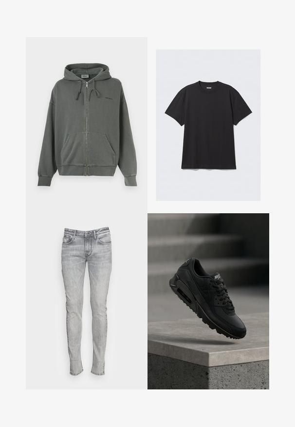 Hoodie zippé gris en mélange de coton doux, avec une capuche à cordon, poches avant et poignets côtelés. Logo de la marque sur la poitrine.; T-shirt noir à manches courtes en coton. Il présente un col rond et une coupe décontractée. Design simple sans motifs ni accents visibles.; Jean en denim gris ajusté avec cinq poches, une braguette à boutons et des coutures contrastées. Le tissu a un aspect légèrement délavé et texturé.; La chaussure Nike Air Max 90 noire présente une combinaison de matériaux en cuir et en mesh, des lacets ronds, et une unité d'air visible sur la semelle.