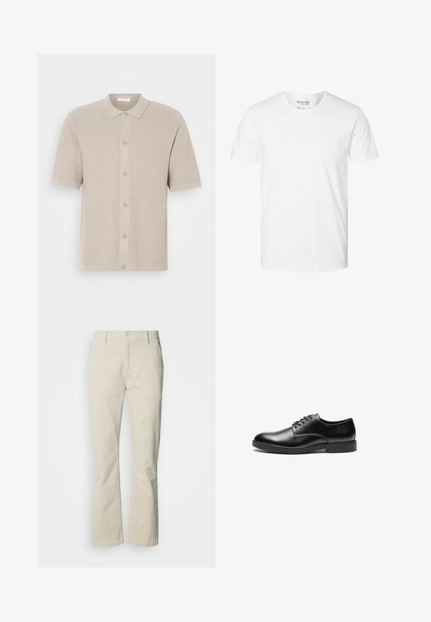 Cardigan en tricot beige à manches courtes avec un motif texturé, fermeture à boutons sur le devant, et col et ourlet côtelés. Se compose de cinq boutons dans une teinte assortie.; T-shirt blanc uni à manches courtes et col rond en coton bio, label Selected Homme, taille large.; Pantalon en velours côtelé beige avec une coupe droite, doté d'une fermeture avant à boutons, de deux poches latérales et d'une texture lisse.; Chaussure habillée en cuir noir avec une finition lisse, bout arrondi, design à lacets à six œillets et semelle plate en caoutchouc.