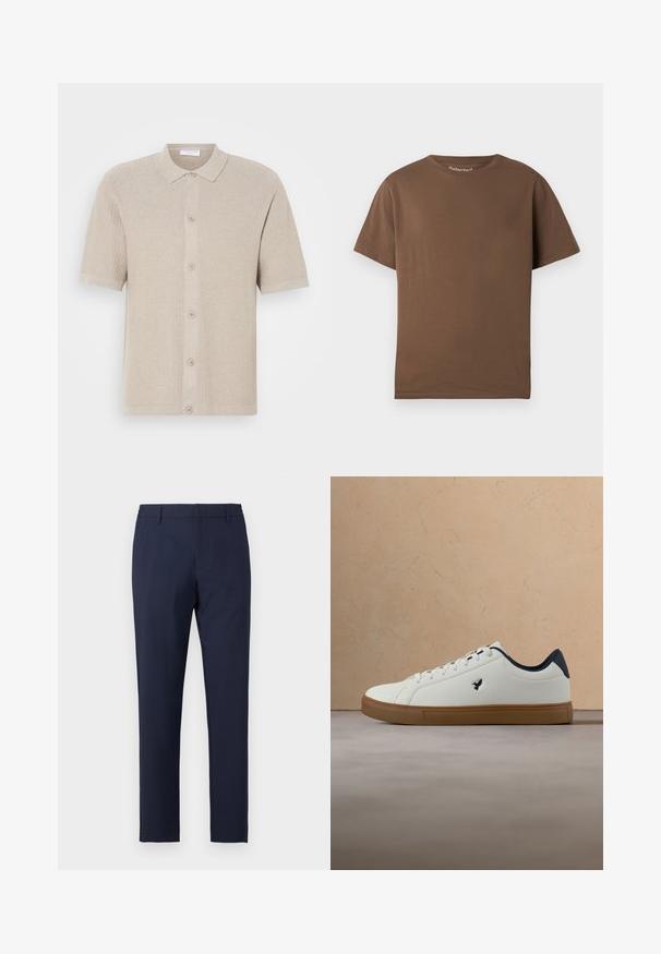 Cardigan en tricot beige à manches courtes avec un motif texturé, fermeture à boutons sur le devant, et col et ourlet côtelés. Se compose de cinq boutons dans une teinte assortie.; T-shirt en coton marron à coupe décontractée, manches courtes et encolure ronde. Design simple, sans motifs ni accents.; Pantalon pour homme bleu marine ajusté, coupe slim, passants pour ceinture et fermeture avant dissimulée, présenté sur un fond uni.; Baskets blanches à semelle marron et doublure intérieure noire, flottant au-dessus d'un tapis beige texturé dans un salon moderne.