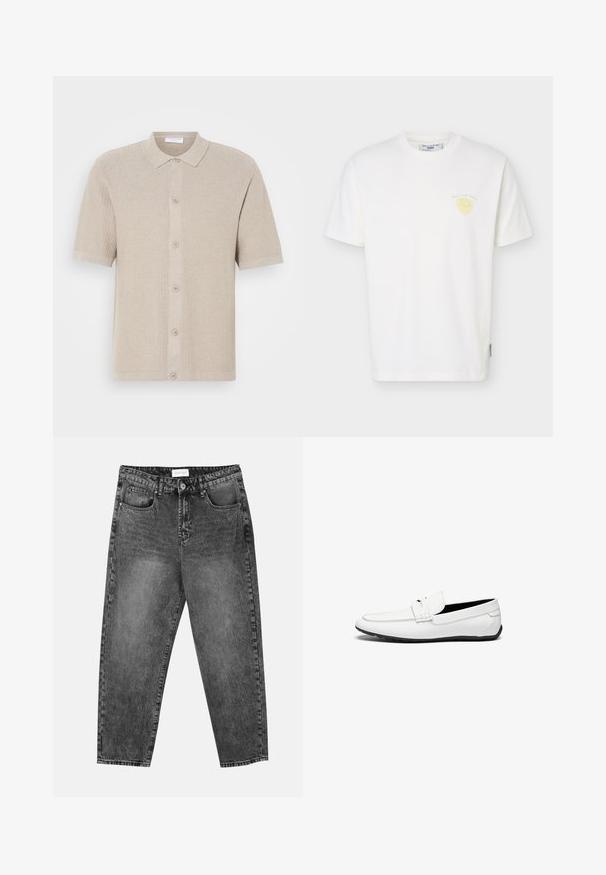 Beige lyhythihainen neulecardigan, jossa on teksturoitu kuvio, napitettava etuosa sekä ribbaus kauluksessa ja helmassa. Ominaisuutena viisi nappia samassa sävyssä.; Valkoinen, lyhythihainen pyöreäntieinen t-paita, jossa pieni keltainen hedelmäkuvio ja teksti "Marc O’Polo Denim" vasemmassa rinnassa.; Mustat pesetyt suorat farkut, joissa on etu- ja takataskut, vyölenkit ja nappisuljenta vyötäröllä.; Valkoiset nahkakengät, joissa on sileä pinta, ommeltu korostus, pyöreä kärki ja musta kumipohja, joka tarjoaa pitoa.