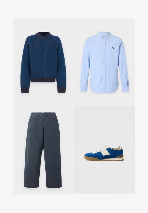 Cardigan bleu tricoté avec un motif texturé, encolure ronde et fermeture à boutons. Présente des poignets et un ourlet côtelés avec des accents bleu plus foncé.; Chemise bleu clair à manches longues avec boutons, col boutonné et petit logo brodé coloré sur la poitrine gauche.; Pantalon large de couleur bleu marine en coton avec une finition texturée. Comprend des passants pour ceinture et des poches latérales. Coupe droite avec bords ourlés.; Baskets en daim bleu avec des accents en cuir blanc, surface texturée, bout rond et semelle en gomme. Comprend un détail de logo sur le côté.