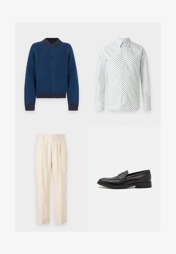 Cardigan bleu tricoté avec un motif texturé, encolure ronde et fermeture à boutons. Présente des poignets et un ourlet côtelés avec des accents bleu plus foncé.; Chemise blanche à manches longues avec un motif géométrique noir, col classique, fermeture à boutons et ourlet droit. Fabriquée en tissu léger.; NN.07 KAY - Pantalon classique - off white; Mocassin en cuir noir avec une finition lisse, une sangle décorative sur le dessus, un bout rond et un petit talon empilé.